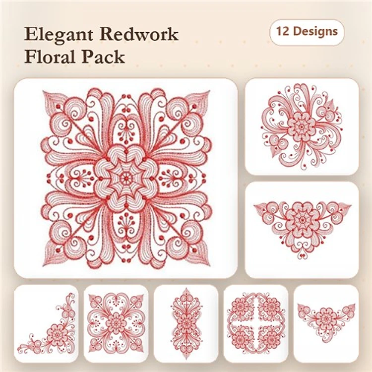 Redwork Elegant Floral Embroidery Designs Bundle – Floral Mandala, Ornate Floral Motif, & More (12 Designs)