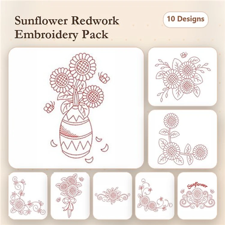 Redwork Floral Embroidery Bundle – Sunflower Vase, Floral Arrangement, Sunflower Bouquet & More (10 Designs)