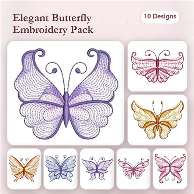 Rippled Elegant Butterflies Embroidery Designs Bundle – Colorful, Intricate & Lace Butterflies (10 Designs)