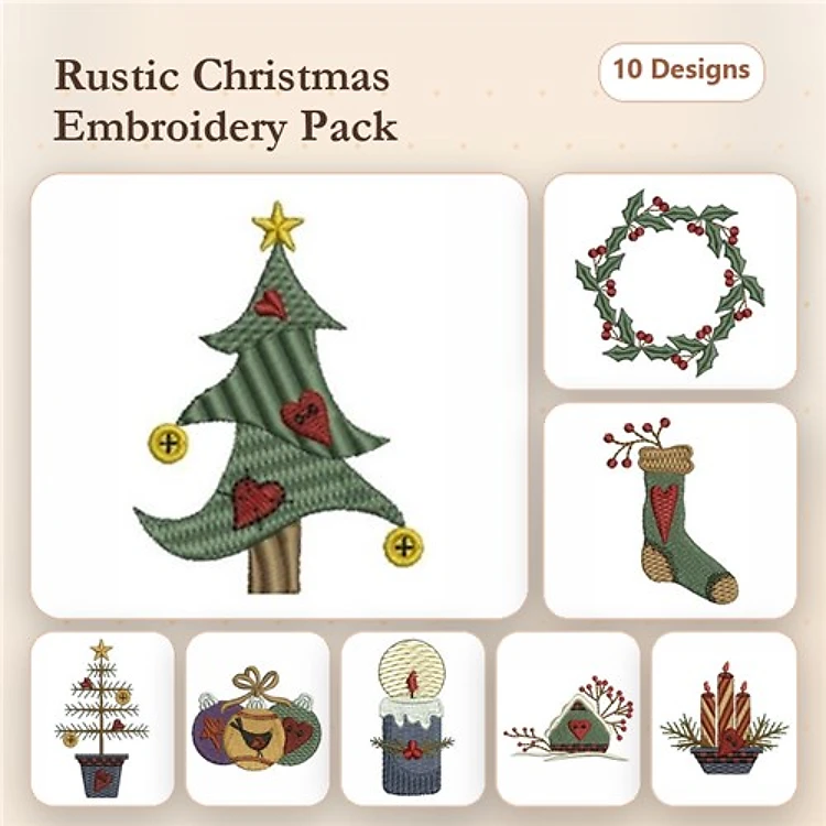 Rustic Christmas Embroidery Designs Bundle – Christmas Tree, Wreath, Stocking & More (10 Designs)
