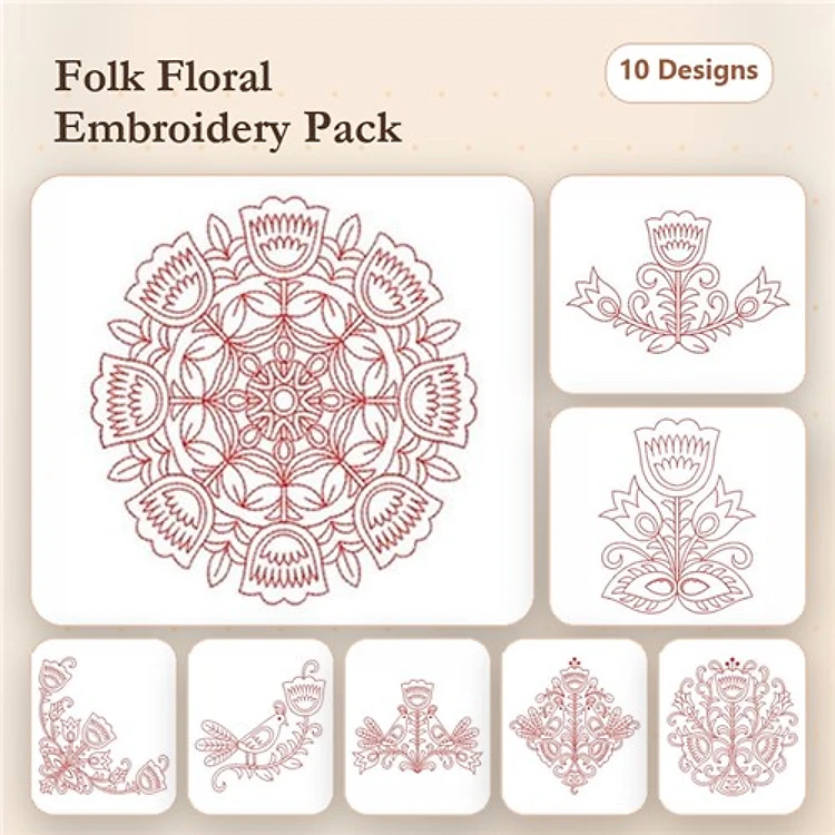Redwork Folk Floral Embroidery Designs Bundle – Floral Mandala, Folk Floral Ornament, Corner Embellishments & More (10 Designs)