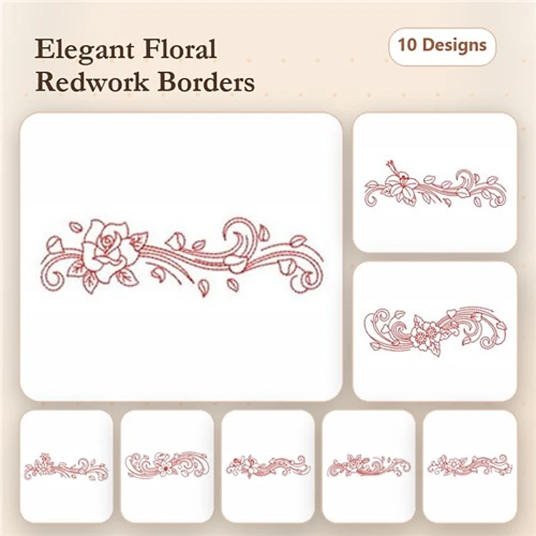 Redwork Floral Embellishments Bundle – Floral Border with Rose, Swirling Floral Border & More (10 Designs)