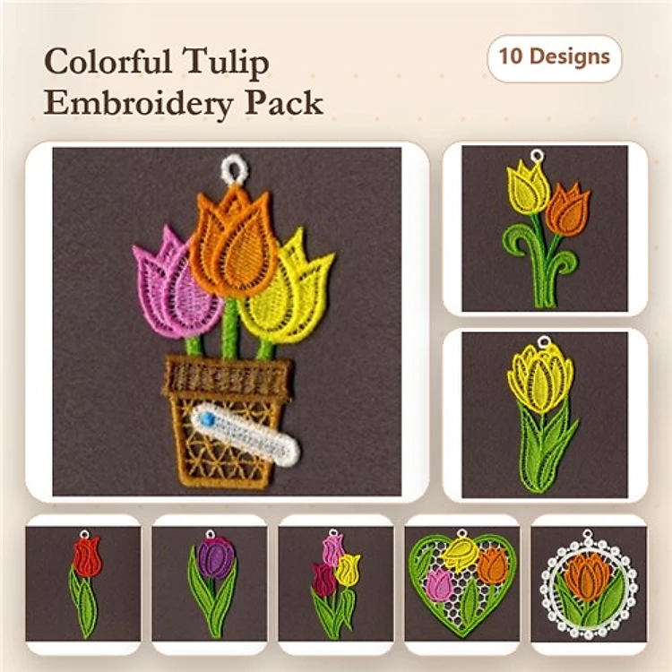 FSL Colorful Tulip Embroidery Bundle – Tulip Basket, Pink Tulip, Yellow Tulip & More (10 Designs)