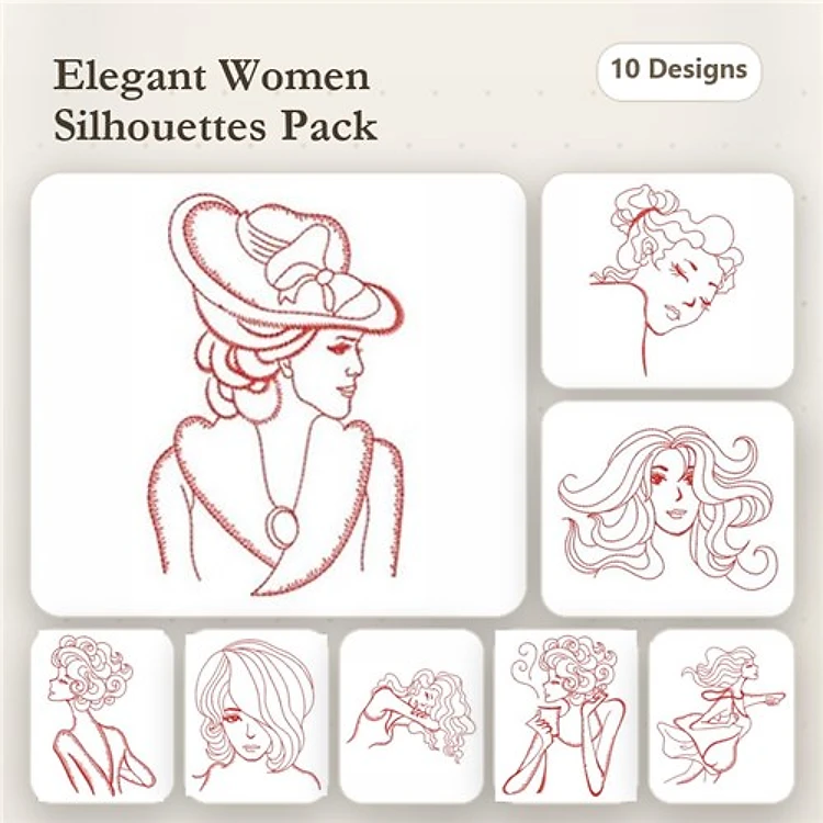 Redwork Elegant Women Silhouettes Embroidery Designs Bundle – Woman with Hat, Vintage Woman, Elegant Woman Profile & More (10 Designs)