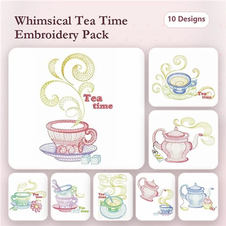 Rippled Tea Time Embroidery Designs Bundle – Tea Cup with Steam, Teapot with Tag, Cup of Tea & More (10 Designs)