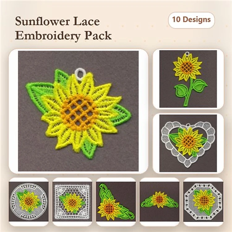 FSL Sunflower Embroidery Bundle – Sunflower Ornament, Lace Frame, Decorative Corner & More (10 Designs)