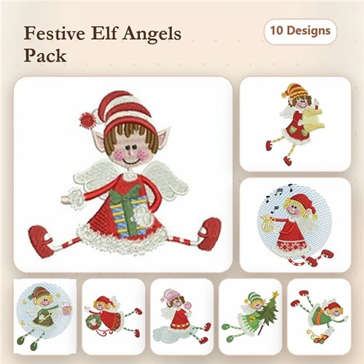 Festive Elf Angels Embroidery Designs Bundle – Cheerful Elf Angel with Present, Singing Elf Angel, Dancing Elf Angel & More (10 Designs)