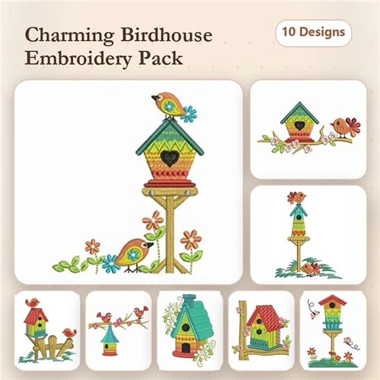 Charming Birdhouses Embroidery Bundle – Birdhouse with Bluebird, Colorful Birdhouse, Pair of Birds & More (10 Designs)