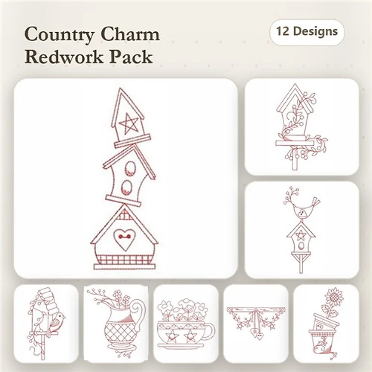 Redwork Birdhouse & Floral Embroidery Bundle – Stacked Birdhouses, Floral Teapot, Heart and Flower Arrangement & More (12 Designs)