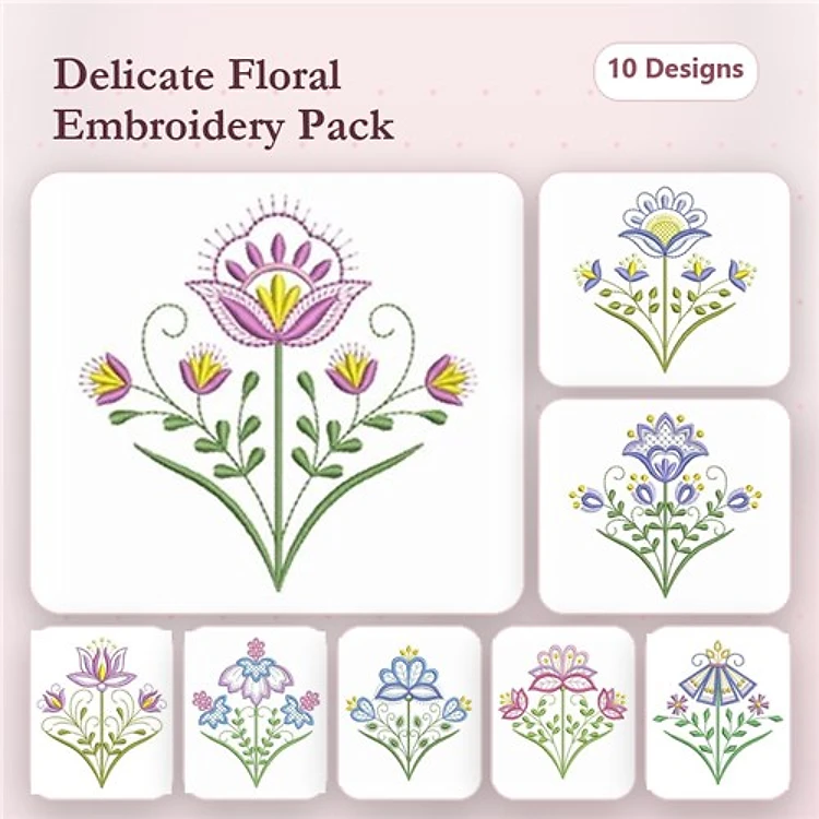 Floral Embroidery Bundle – Large Floral Bouquet, Small Floral Arrangements & More (10 Designs)