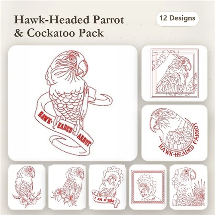 Redwork Bird Embroidery Bundle – Hawk-Headed Parrots, Cockatoos with Flowers, & More (12 Designs)