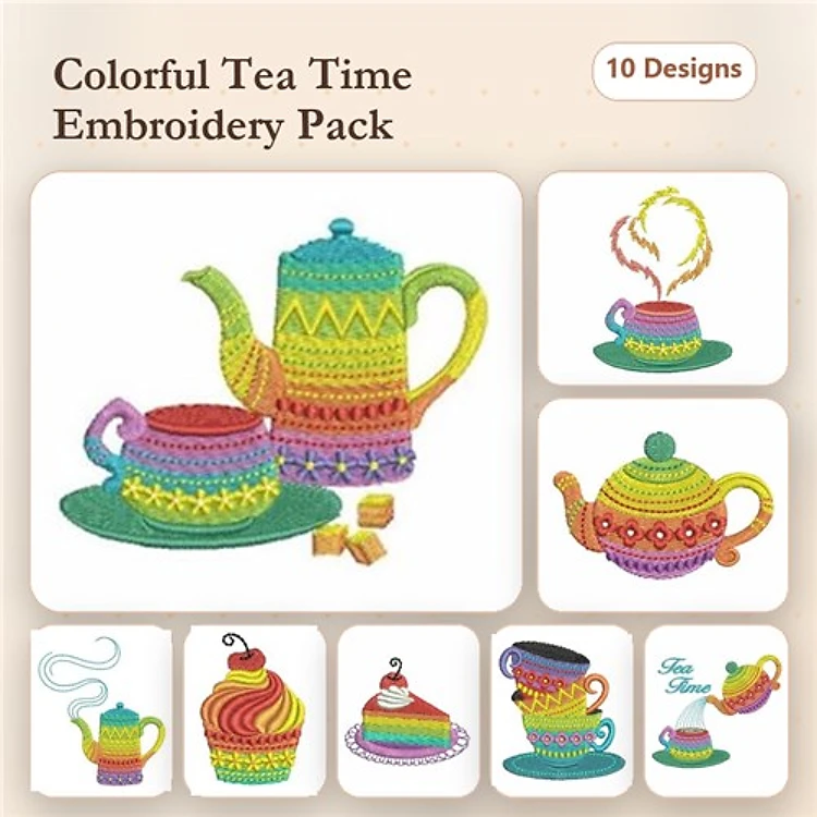 Colorful Tea Time Embroidery Bundle – Teapot with Cup, Cupcake with Candy & More (10 Designs)