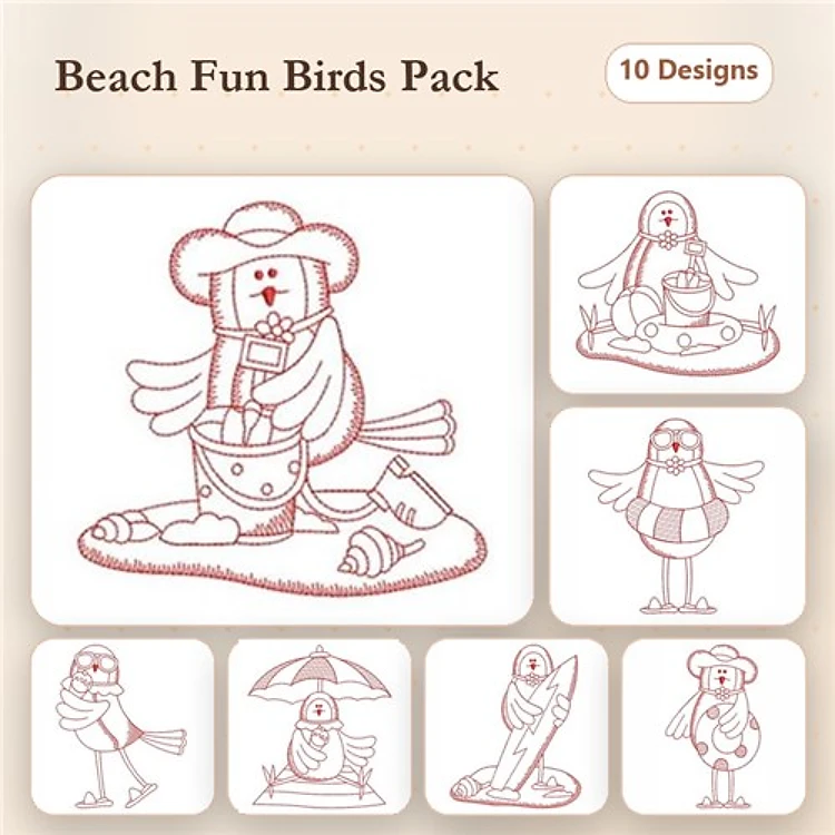 Redwork Beach Birds Embroidery Designs Bundle – Bird with Bucket, Bird with Surfboard, Bird in Sunglasses & More (10 Designs)