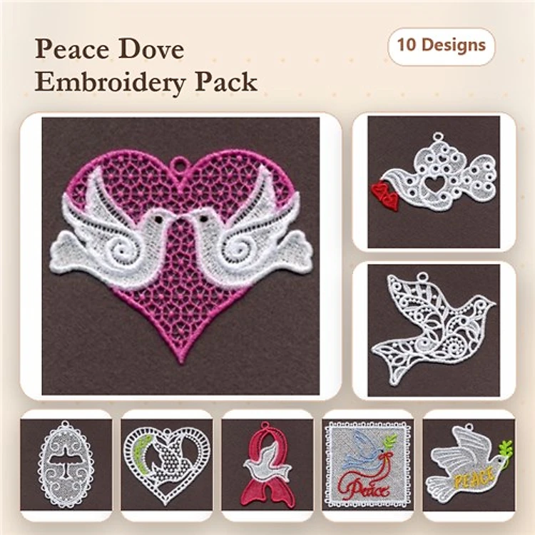 FSL Peace Doves & Hearts Embroidery Bundle – Dove Heart Ornament, Lace Dove, Decorative Dove & More (10 Designs)
