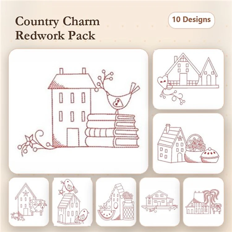Redwork Country-Themed Embroidery Bundle – House with Books, Charming Cottage, Barn with Trees & More (10 Designs)