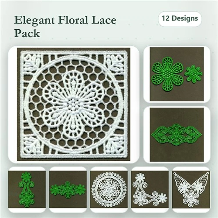 FSL Floral Lace Embroidery Bundle – Floral Lace Square, Lace Flower, Butterfly Lace & More (12 Designs)