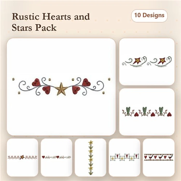 Hearts & Stars Embroidery Bundle – Rustic Heart with Star Swag, Heart and Star Border, & More (10 Designs)