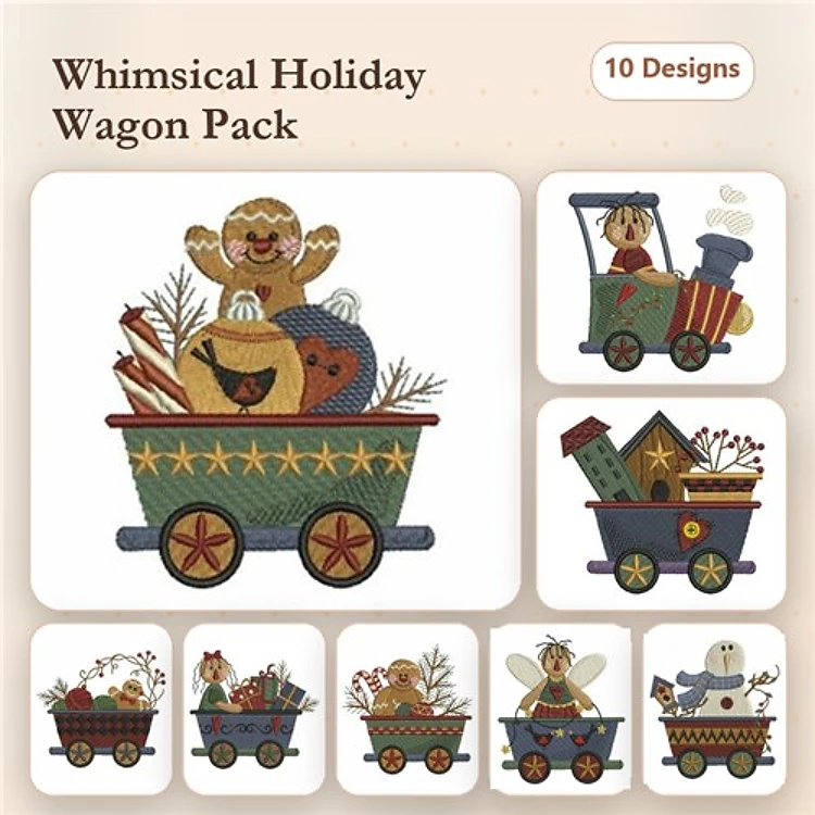 Christmas Wagon Embroidery Designs Bundle – Gingerbread Man, Bear & Gifts, Snowman & More (10 Designs)
