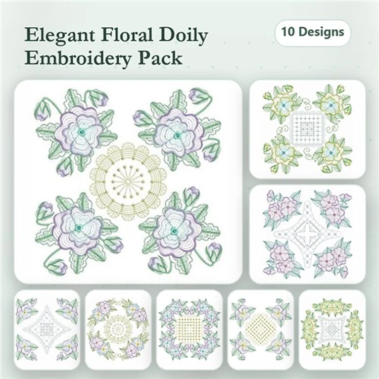 Rippled Elegant Floral Doily Embroidery Designs Bundle – Floral Doily with Lavender, Lacy Floral Grid Doily & More (10 Designs)