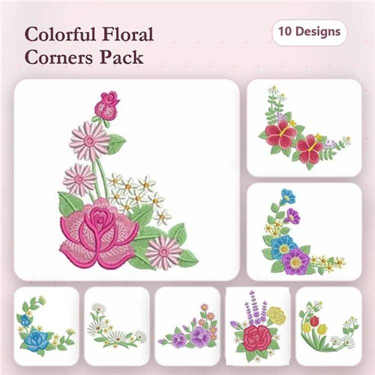 Colorful Floral Corner Embellishment Embroidery Bundle – Pink Floral, Rose Floral, Mixed Flower & More (10 Designs)