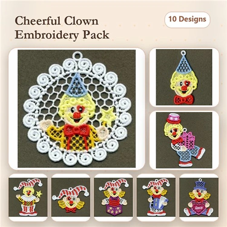 FSL Clown Embroidery Designs Bundle – Clown Ornament, Clown with Cupcake, Clown with Balloons & More (10 Designs)