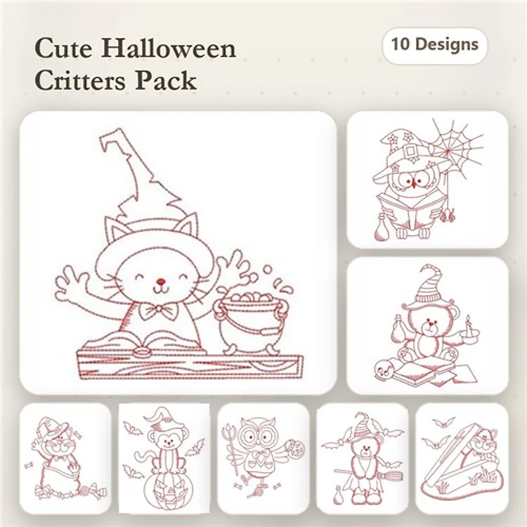 Redwork Halloween Critters Embroidery Designs Bundle – Cat with Cauldron, Owl with Book, Bunny with Pumpkin & More (10 Designs)