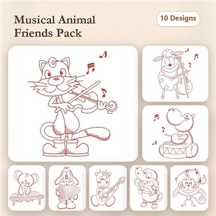 Musical Animal Friends Embroidery Bundle – Cute Animal Characters (10 Designs)