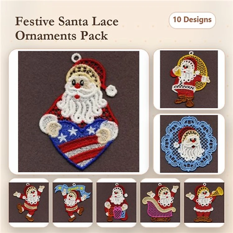 FSL Festive Santa Ornaments Embroidery Bundle – Santa with Candy Cane, Lace Santa Face, Santa on Sleigh & More (10 Designs)