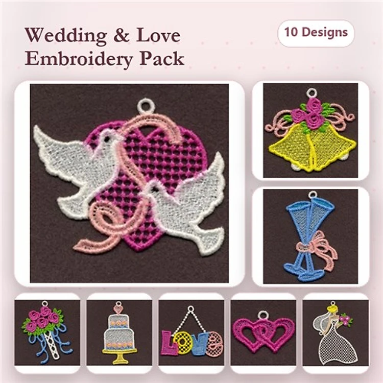 FSL Wedding & Love Embroidery Bundle – Doves, Wedding Bells, Champagne Glass & More (10 Designs)