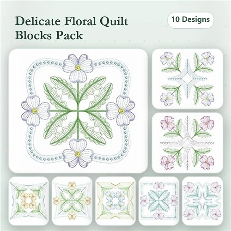Rippled Floral Quilt Blocks Embroidery Designs Bundle – Delicate Floral Block with Leaves, Intricate Floral Block, & More (10 Designs)
