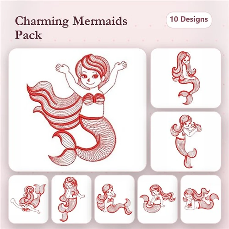 Redwork Charming Mermaids Embroidery Designs Bundle – Mermaid with Arms Up, Mermaid Playing with Shell, & More (10 Designs)