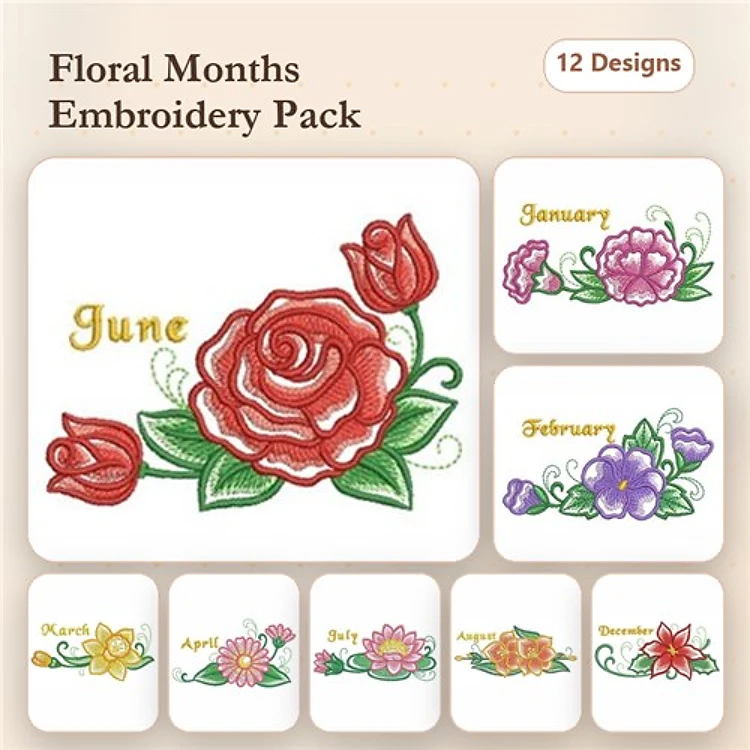 Floral Monthly Embroidery Designs Bundle – January Rose, February Floral, March Floral & More (12 Designs)