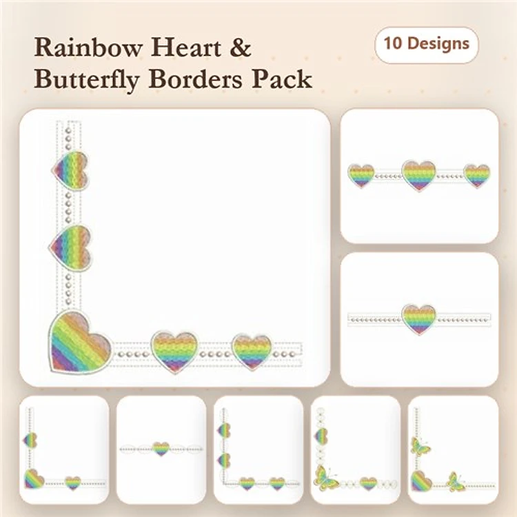 Rainbow Heart & Butterfly Embellishments Embroidery Designs Bundle – Rainbow Heart Border, Butterfly Border & More (10 Designs)