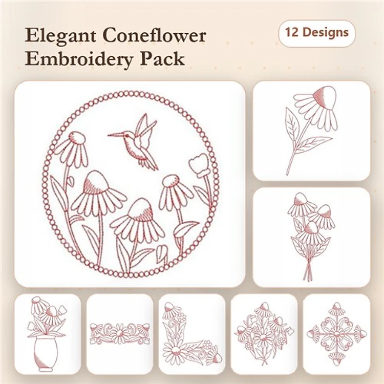 Redwork Coneflowers & Hummingbird Embroidery Bundle – Floral Coneflower, Hummingbird with Coneflowers & More (12 Designs)