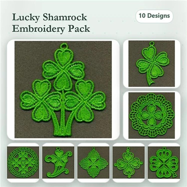 FSL Lucky Shamrock Embroidery Designs Bundle – Shamrock Ornament, Three Leaf Shamrock, Floral Shamrock & More (10 Designs)
