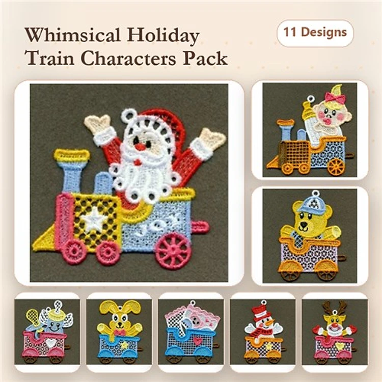 FSL Holiday Train Characters Embroidery Designs Bundle – Santa, Bear, Clown, Bunny & More (11 Designs)