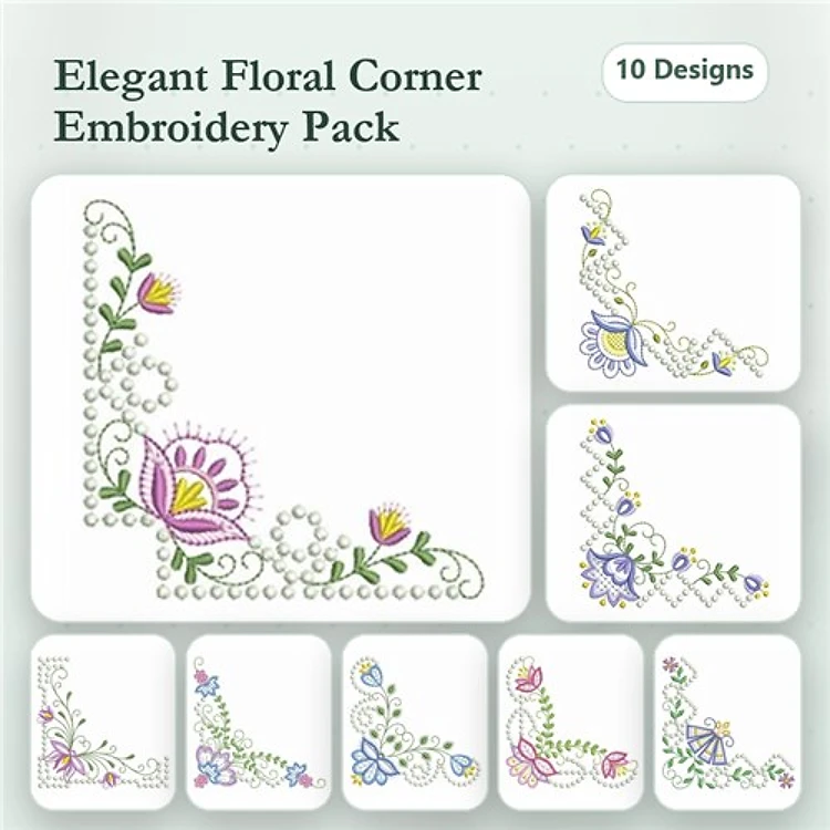 Elegant Floral Corner Embellishments Embroidery Bundle – Tulips, Roses, Vines & More (10 Designs)
