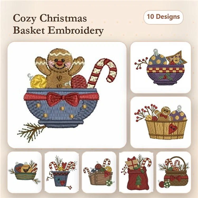 Christmas Baskets Embroidery Bundle – Gingerbread in Basket, Christmas Ornament Basket, Holiday Snack Basket & More (10 Designs)