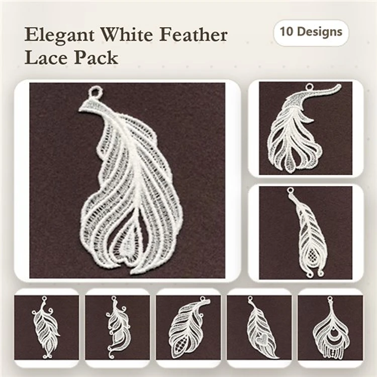 FSL Elegant Lace Feathers Embroidery Designs Bundle – Feather Ornament 1, Feather Ornament 2, & More (10 Designs)