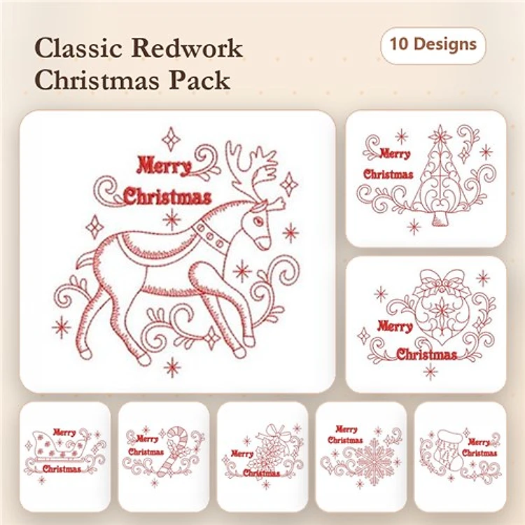 Redwork Christmas Embroidery Designs Bundle – Reindeer, Christmas Tree, Snowman & More (10 Designs)