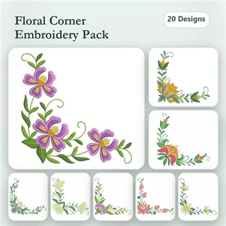Floral Corner Embellishments Embroidery Designs Bundle – Purple Flowers, Yellow & Orange Flowers, Pink Flowers & More (20 Designs)