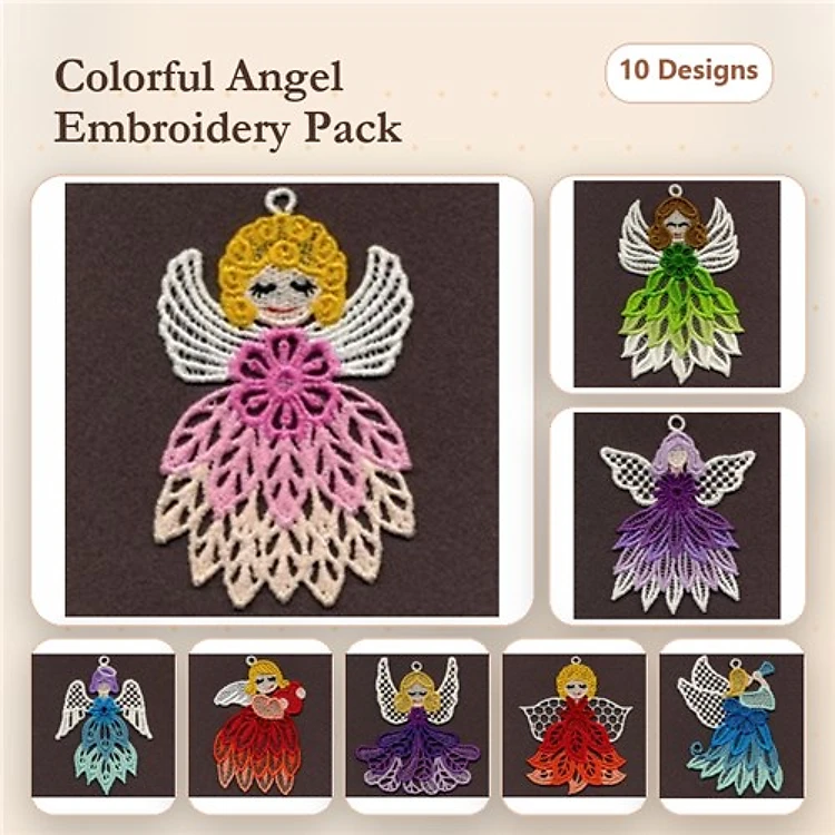 FSL Colorful Angel Embroidery Designs Bundle – Elegant Figures with Lace Wings, Flower Patterns & More (10 Designs)