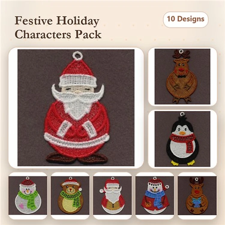 FSL Holiday Character Embroidery Designs Bundle – Santa, Reindeer, Penguin, & More (10 Designs)