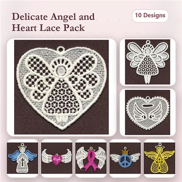 FSL Delicate Angel and Heart Embroidery Designs Bundle – Angel with Wings, Heart with Ribbon & More (10 Designs)