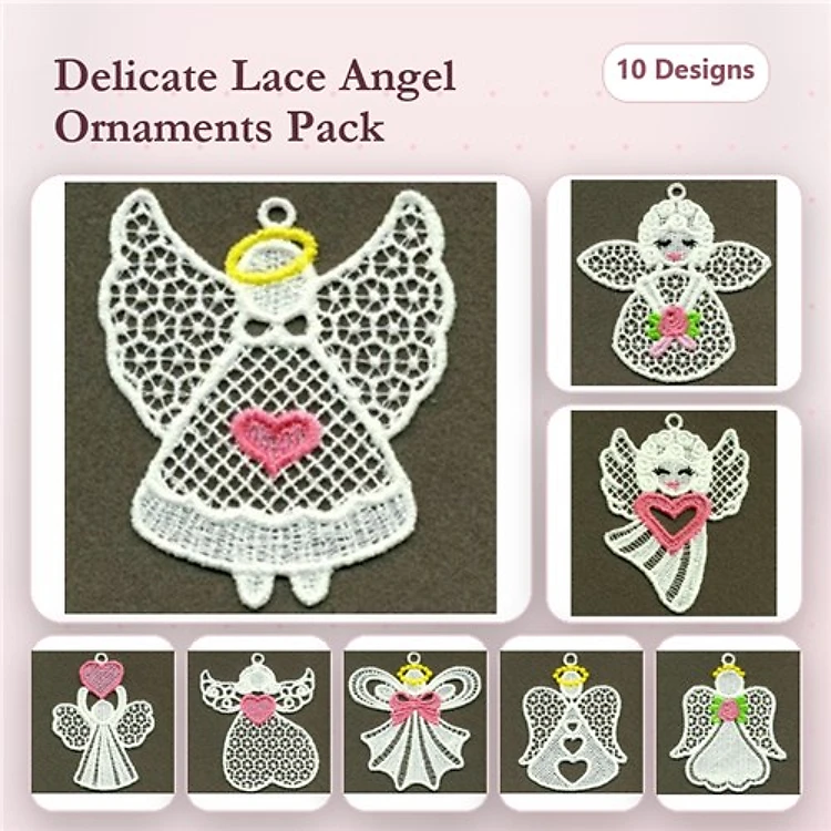 FSL Lace Angel Ornaments Embroidery Bundle – Heart, Flower, Halo & More (10 Designs)