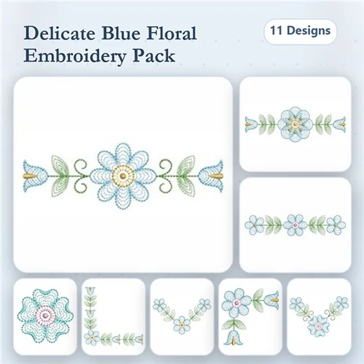 Rippled Delicate Blue Floral Embroidery Bundle – Border, Floral Wreath, Leafy Vine & More (11 Designs)