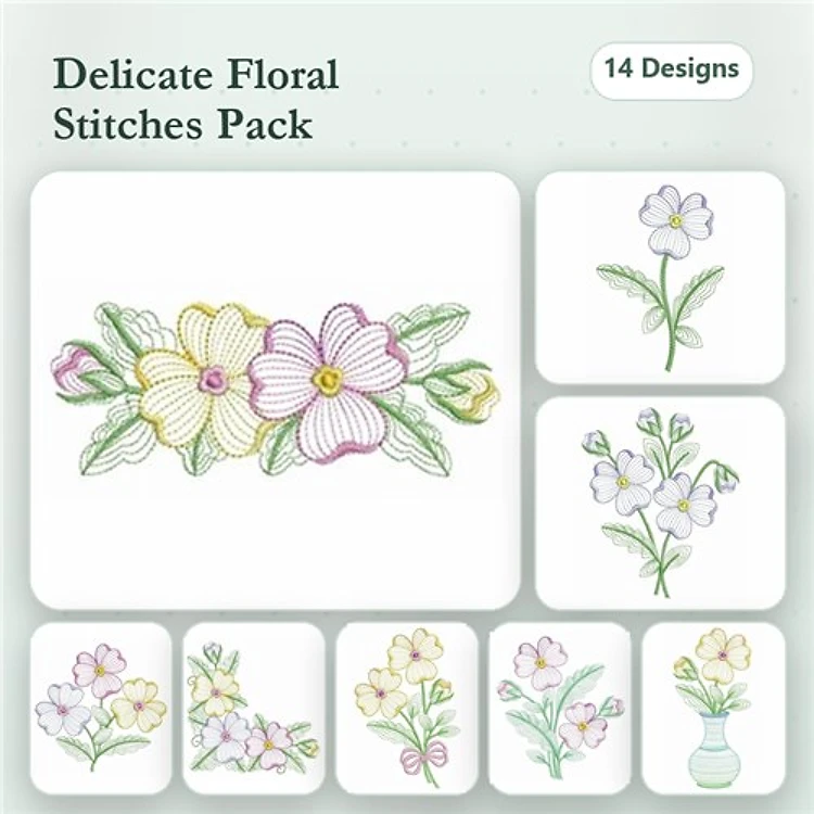 Rippled Floral Embroidery Bundle – Cluster of Flowers, Single Flower with Bud, Vase with Flowers & More (14 Designs)