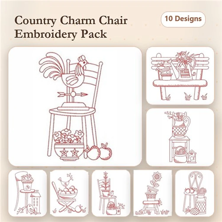 Redwork Country Charm Embroidery Designs Bundle – Rooster on Chair, Garden Cart, Bountiful Basket & More (10 Designs)