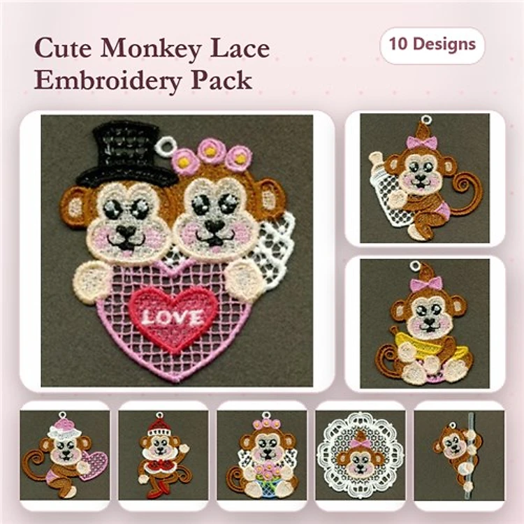 FSL Cute Monkey Lace Embroidery Bundle – Love Monkey Couple, Monkey with Top Hat & Flowers, Monkey in Dress & More (10 Designs)