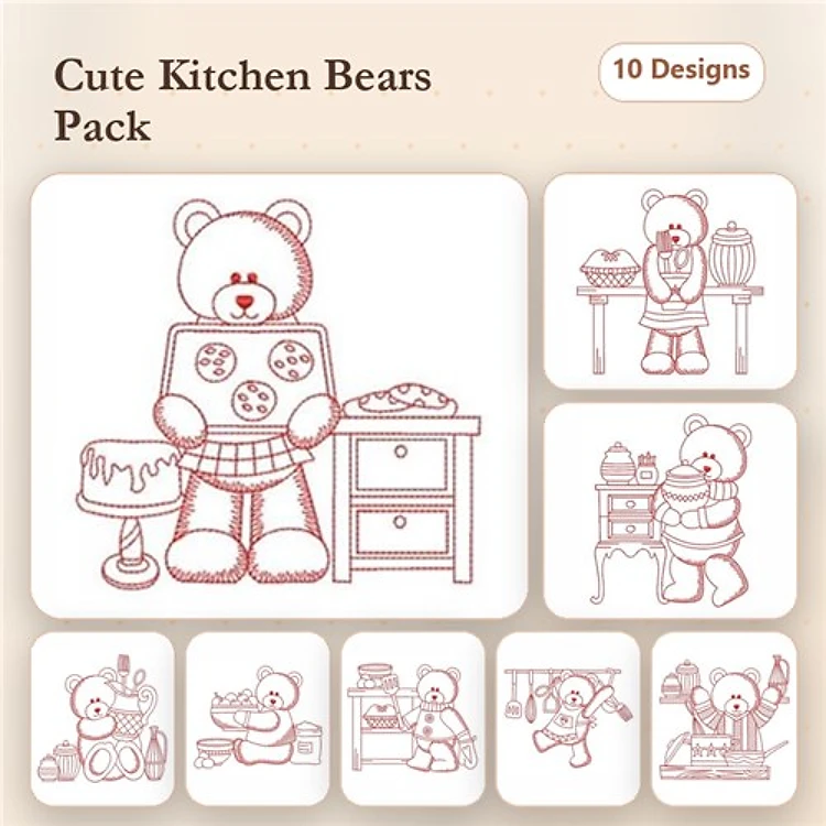Redwork Kitchen Bears Embroidery Designs Bundle – Bear with Cookies, Bear Baking at Table, Bear with Mixing Bowl & More (10 Designs)